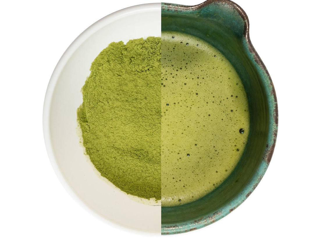 Matcha powder and whisked matcha side by side in a bowl